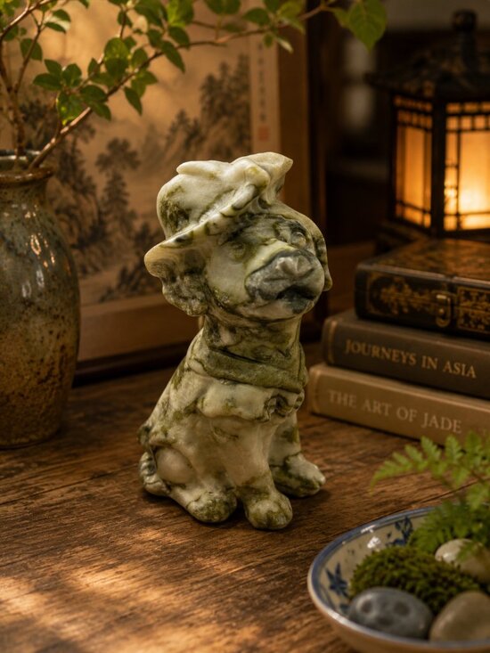 Other - Marbled Green and White Jade Sitting Dog Figurine Rock